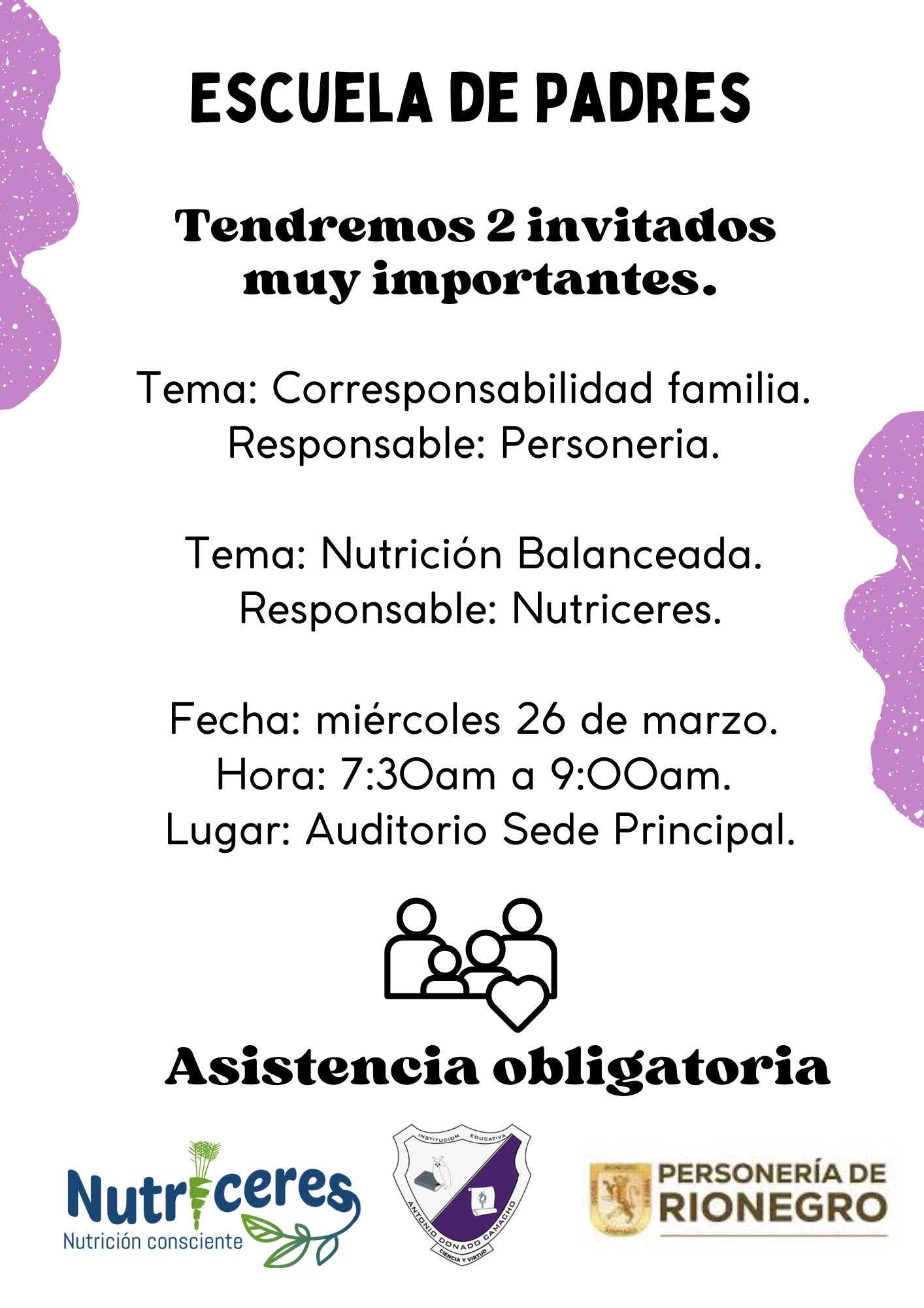 Invitación especial a formarnos en herramientas útiles para el acompañamiento efectivo a nuestros hijos. 
En esta ocasión tendremos el acompañamiento de la Personería Municipal y Nutriceres.